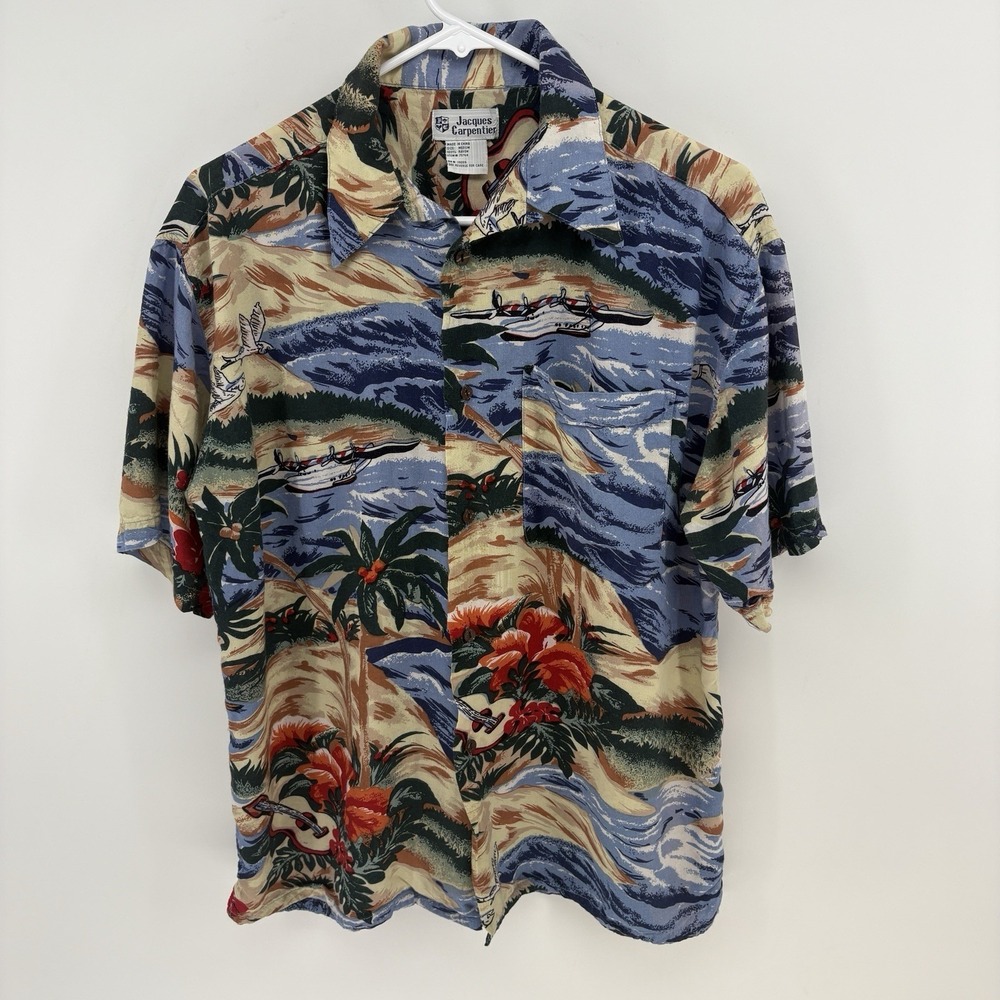 Vintage Jacques Carpentier Rayon Hawaiian Shirt Button Tropical Aloha Men M